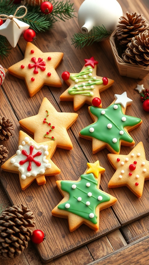 Christmas Hamster Treats Recipe Homemade Christmas hamster treats shaped like stars and trees, decorated with icing, on a wooden table with holiday decorations.